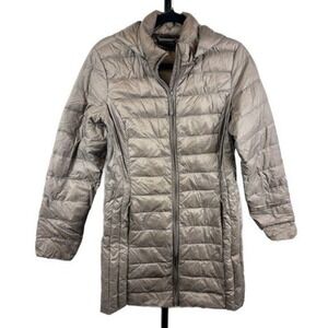 Heatkeep Down Coat Women's Size Medium Beige Hooded Long Full Zip Puffer Jacket